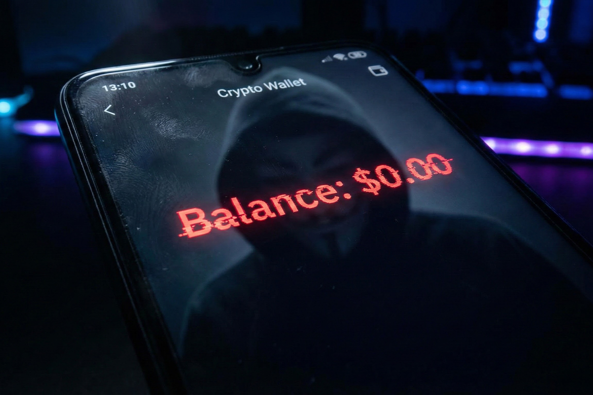 نمایش موجودی صفر دلار در کیف پول ارز دیجیتال روی موبایل، نشانه‌ای ترسناک از هک شدن حساب.