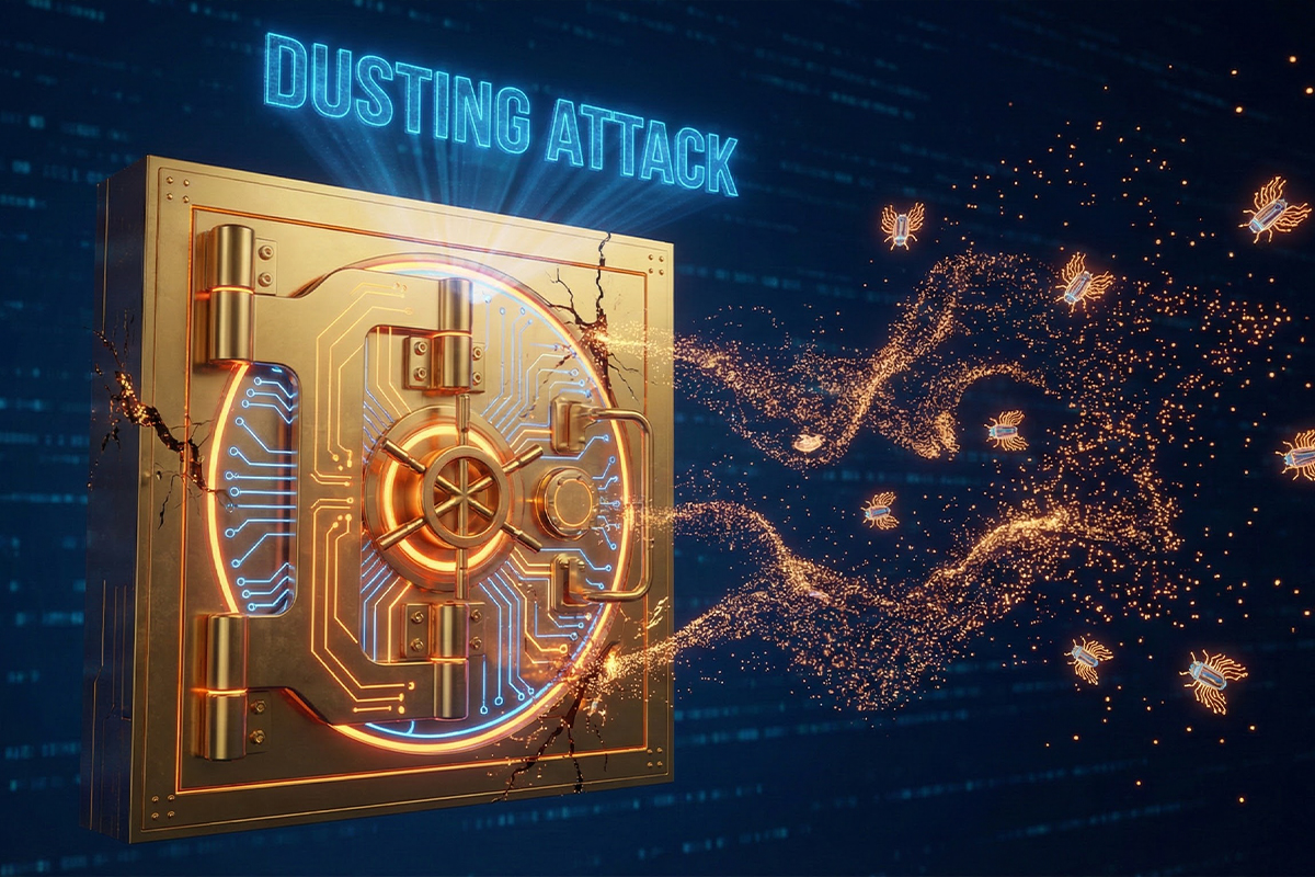 تصویر مفهومی از حمله گرد و غبار (Dusting Attack) و نفوذ ذرات مخرب دیجیتالی به داخل یک کیف پول امن.