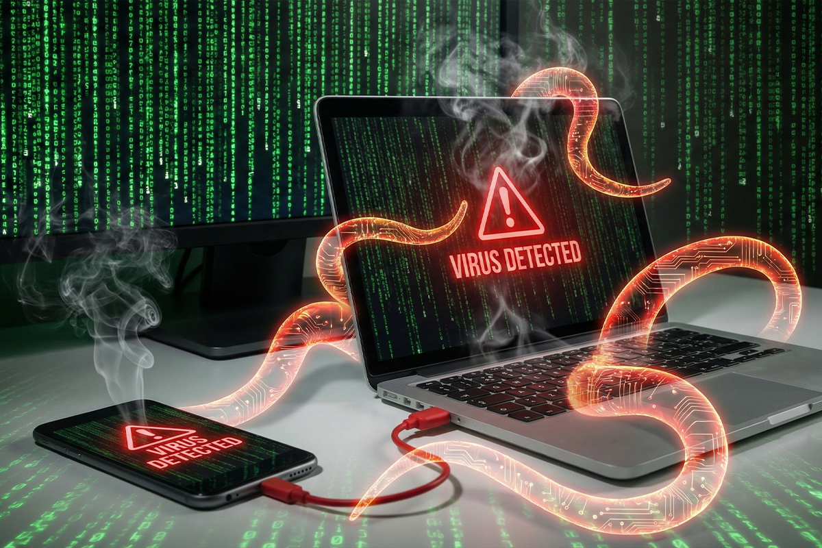 لپ‌تاپ و گوشی هوشمند داغ شده که توسط بدافزارهای جاسوسی و استخراج مخفی ارز دیجیتال آلوده شده‌اند.