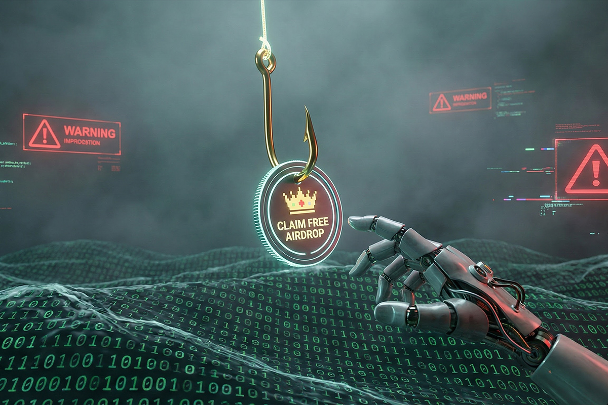 یک قلاب ماهیگیری دیجیتال با طعمه توکن ایردراپ جعلی، نمادی از تله‌های فیشینگ برای سرقت دارایی‌های کریپتو.